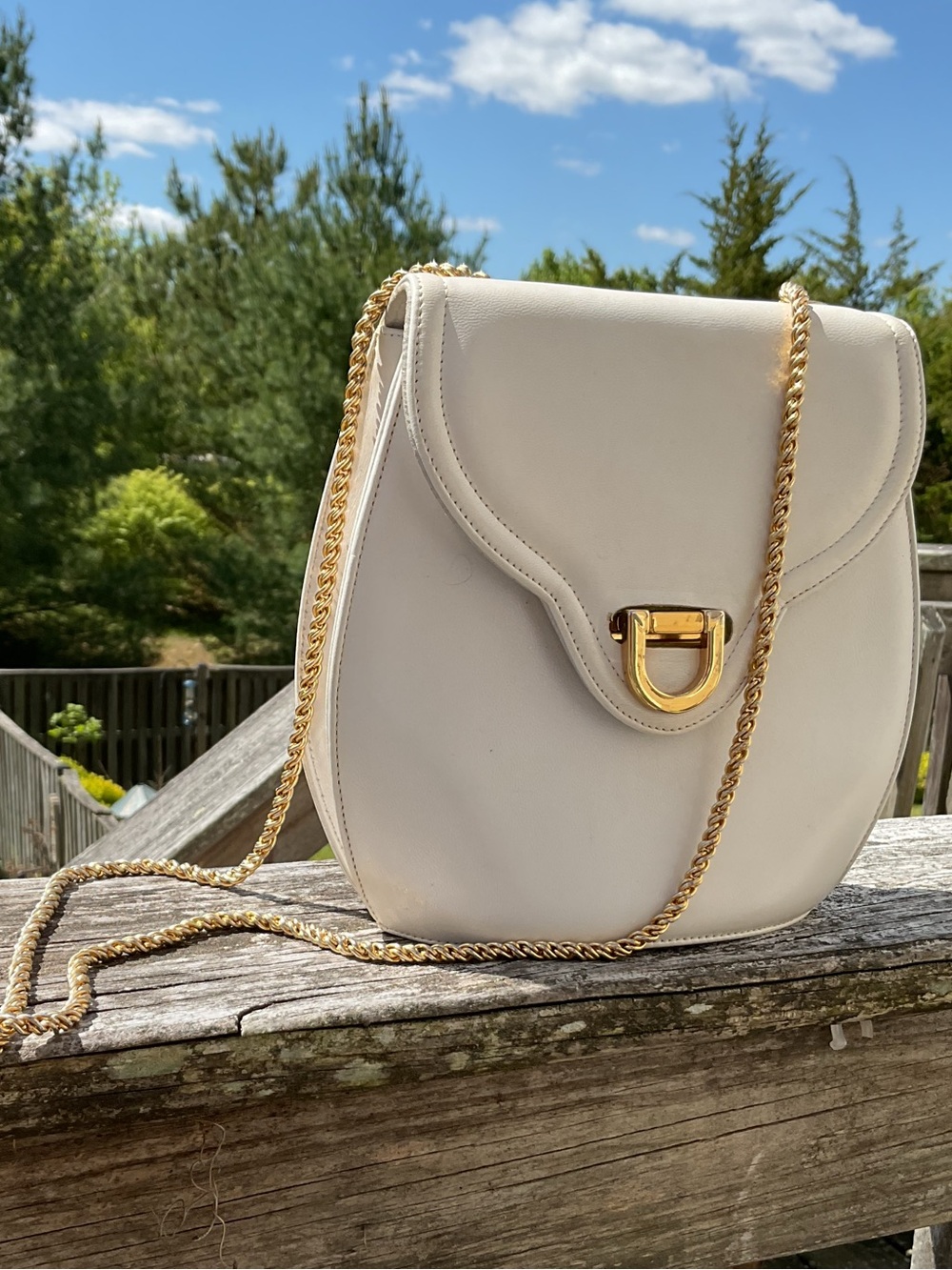 Frenchy of California 60’s Cream Leather Shoulder Bag with Gold Chain Strap